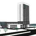 Modern Commercial Complex High Rise Building With Glass Facade And Urban Greenery