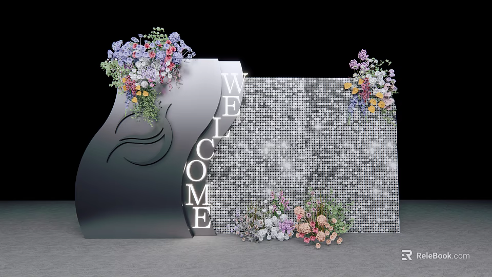 Check in Area With Welcome Sign Sparkling Backdrop And Colorful Flower Decorations 3d model 