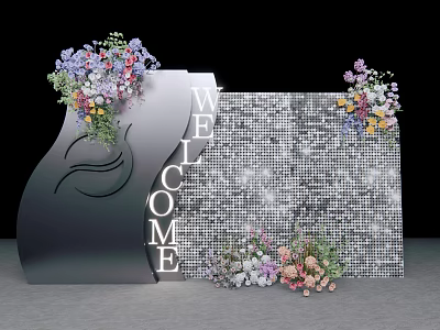 Check in Area With Welcome Sign Sparkling Backdrop And Colorful Flower Decorations 3d model