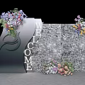 Check in Area With Welcome Sign Sparkling Backdrop And Colorful Flower Decorations