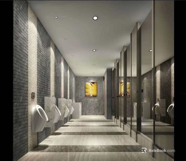 Modern Public Restroom With Gray Brick Walls Urinals Mirrors And Decorative Painting 3d model 