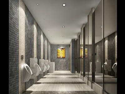 Modern Public Restroom With Gray Brick Walls Urinals Mirrors And Decorative Painting 3d model