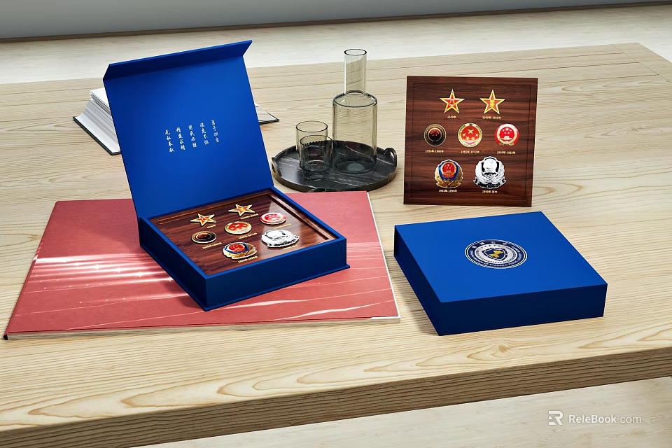 Decorative Ornament Set With Blue Boxes Assorted Badges And Display Cases 3d model