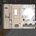 Modern Bathroom Interior With Round Mirror Marble Wall And Shower Area