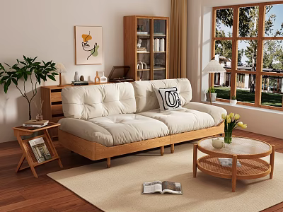 Modern Beige Sofa and Rattan Coffee Table Set with Cozy Natural Light and Green Plants 3d model