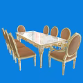 Luxurious Dining Table Set With Marble Top Golden Frame And Brown Cushioned Chairs 3d model