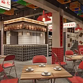 Traditional Chinese Restaurant Featuring Red Chairs Wooden Tables Fu Characters Open Kitchen And Colorful Decor