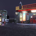 Night Street Store With Neon Lights Glass Window And Wet Ground Illuminated Signboard