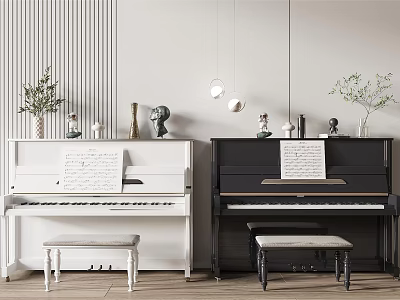 Musical Instruments and Art Supplies Featuring White Black Pianos with Sheet Music Statues and Potted Plants 3d model