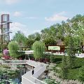 Scenic Urban Park Landscape With Wooden Tower Lush Greenery Colorful Flowers And Water Features