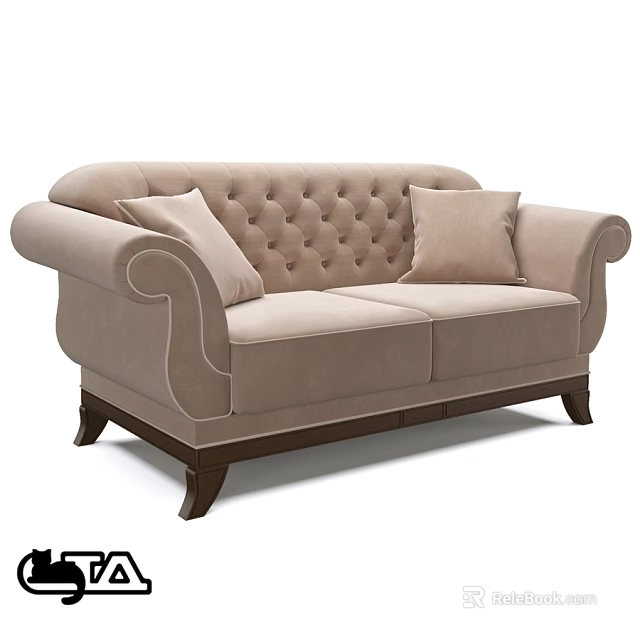 Beige Two Seater Sofa with Tufted Back Curved Armrests and Wooden Legs 3d model 