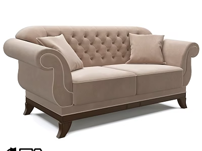 Beige Two Seater Sofa with Tufted Back Curved Armrests and Wooden Legs 3d model