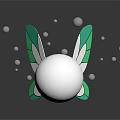 White Spherical Creature With Green White Wing Structures And Floating Dots On Black Background