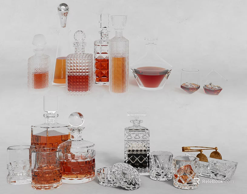 Stylish Wine Bottles And Glasses With Transparent Glass Different Shapes And Colored Liquid 3d model 