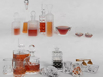 Stylish Wine Bottles And Glasses With Transparent Glass Different Shapes And Colored Liquid 3d model