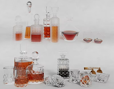 Stylish Wine Bottles And Glasses With Transparent Glass Different Shapes And Colored Liquid 3d model