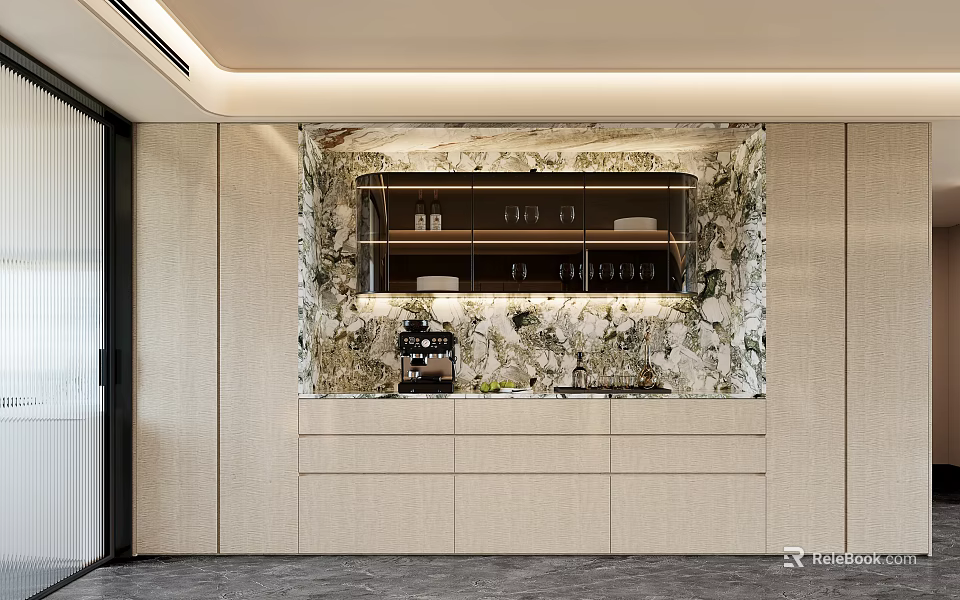 Modern Sideboard With Marble Backsplash Glass Door Shelves And Light Cabinetry 3d model 