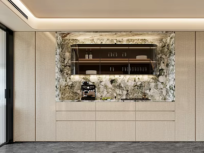 Modern Sideboard With Marble Backsplash Glass Door Shelves And Light Cabinetry 3d model