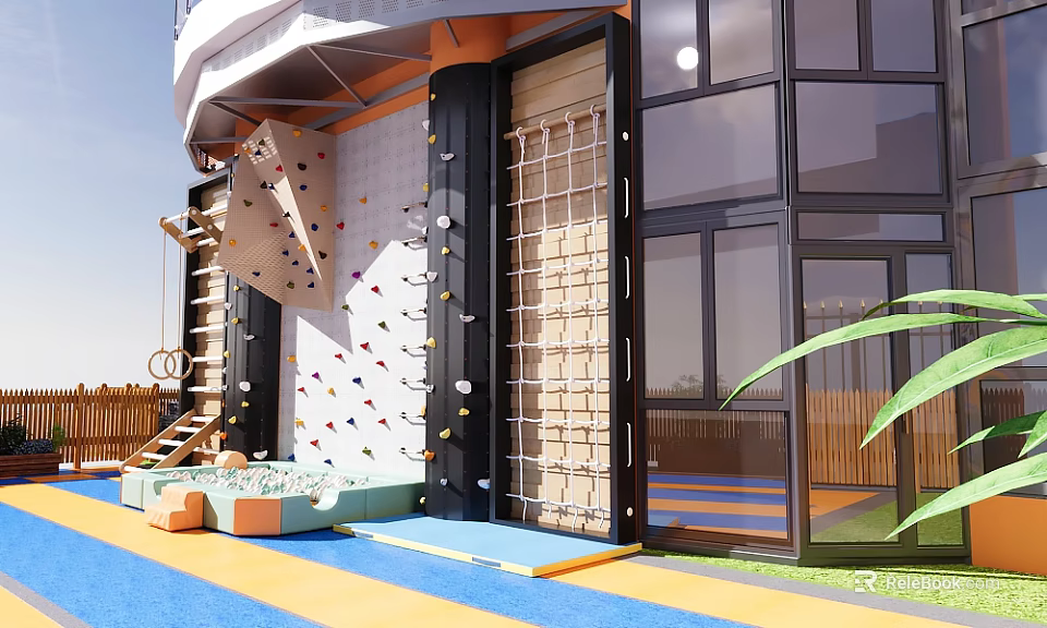 Fun Playground With Colorful Climbing Wall Rope Ladder Glass Walls And Soft Mats For Kids 3d model 