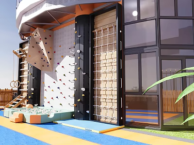 Fun Playground With Colorful Climbing Wall Rope Ladder Glass Walls And Soft Mats For Kids 3d model