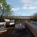 Roof Top Garden with Wooden Deck Staircase Sofa Chair Candles and Green Plants