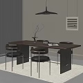 Modern Dining Table Set With Wooden Table Leather Chairs Hanging Lamp And Decorative Painting
