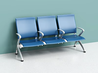 Blue Public Waiting Chairs With Three Seats And Metal Armrests Against Wall 3d model