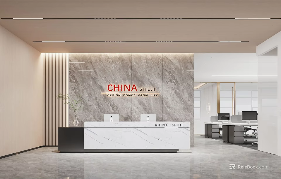 Modern Front Desk Reception With Marble Backdrop CHINA SHUI Logo And Decorative Plant 3d model 
