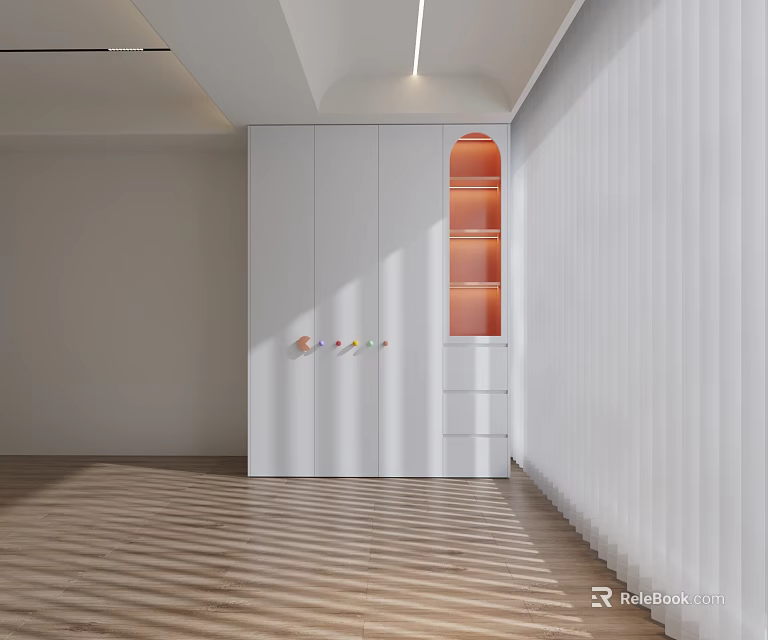Elegant White Modern Wardrobe With Arched Orange Interior Display Shelf And Doors 3d model 