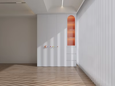 Elegant White Modern Wardrobe With Arched Orange Interior Display Shelf And Doors 3d model