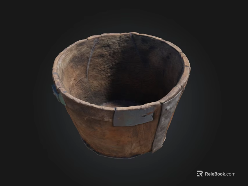 Vintage Rustic Wooden Bucket With Metal Hoops And Worn Texture 3d model 