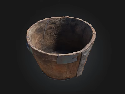 Vintage Rustic Wooden Bucket With Metal Hoops And Worn Texture 3d model