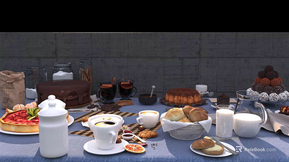 Delicious Assorted Food Setup With Cakes Coffee Bread And Milk On Table 3d model 