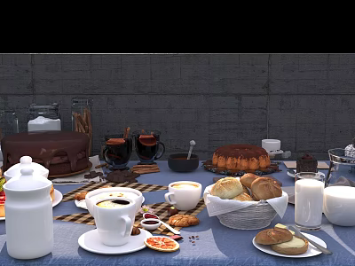 Delicious Assorted Food Setup With Cakes Coffee Bread And Milk On Table 3d model