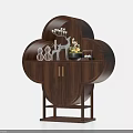 Dark Brown Wooden Tea Cabinet with Clover Shaped Design Open Shelves and Decorative Items