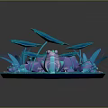 Cartoon Scene with Blue Lotus Leaves Frog Blue Water Purple Stones and Pink Flowers