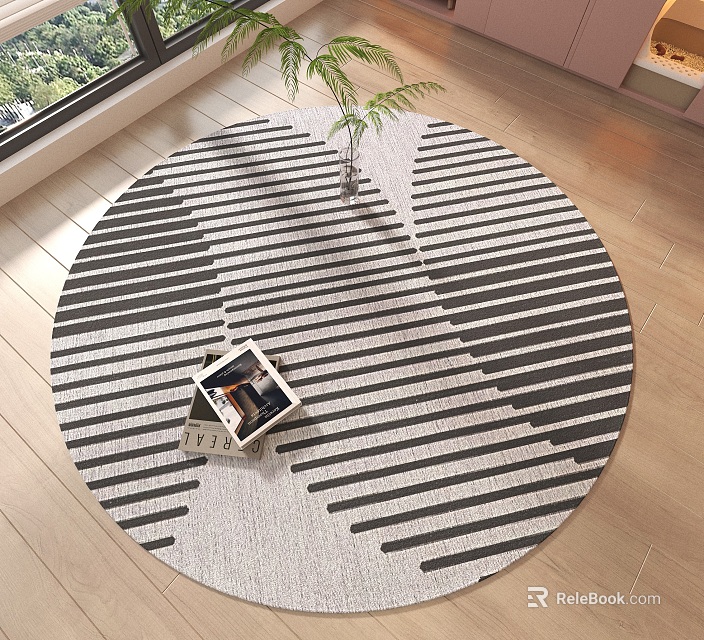 Modern Round Area Rug With Black And White Striped Design On Wooden Floor Interior 3d model 