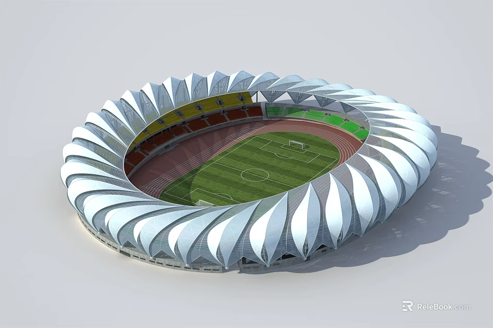 Modern Large Circular Stadium With White Wavy Roof Green Football Field And Red Running Track 3d model 