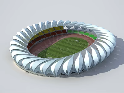 Modern Large Circular Stadium With White Wavy Roof Green Football Field And Red Running Track 3d model