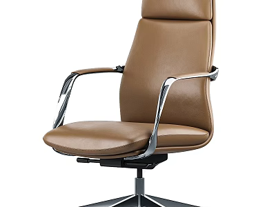 High Back Brown Leather Office Chair With Metal Armrests And Five Star Base 3d model