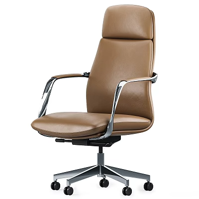 High Back Brown Leather Office Chair With Metal Armrests And Five Star Base 3d model