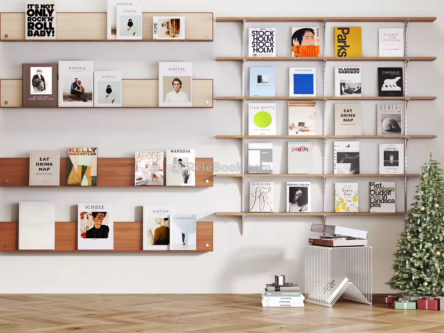 Modern Style Bookshelf Metal Bookshelf Wooden Bookshelf Book Ornaments Record Machine Christmas Tree 3d model