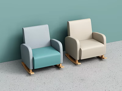 Light Blue And Beige Rocking Single Sofa With Wooden Legs Against Light Green Wall 3d model