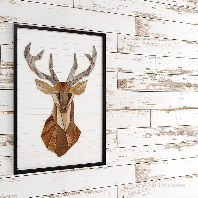 Wooden Deer Head Wall Decor With Black Frame And Mosaic On White Wooden Plank Wall 3d model 