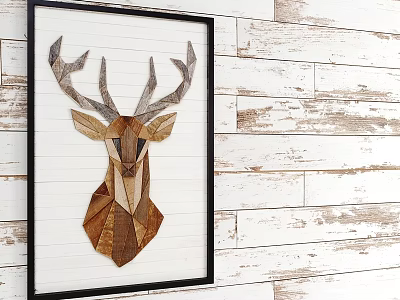 Wooden Deer Head Wall Decor With Black Frame And Mosaic On White Wooden Plank Wall 3d model