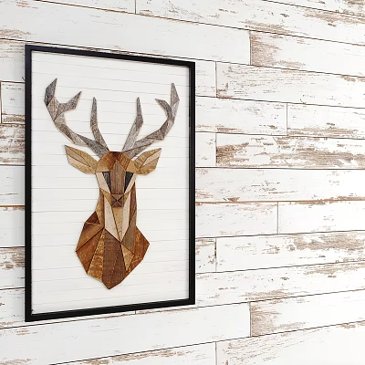 Wooden Deer Head Wall Decor With Black Frame And Mosaic On White Wooden Plank Wall 3d model