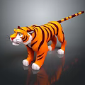 Cartoon 3D Tiger With Orange Black Stripes White Paws Yellow Eyes On Gray Reflective Surface