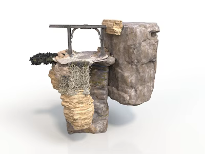 Natural Rock Structure With Metal Bracket Textured Layers And Mossy Accent 3d model