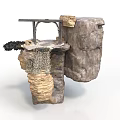 Natural Rock Structure With Metal Bracket Textured Layers And Mossy Accent