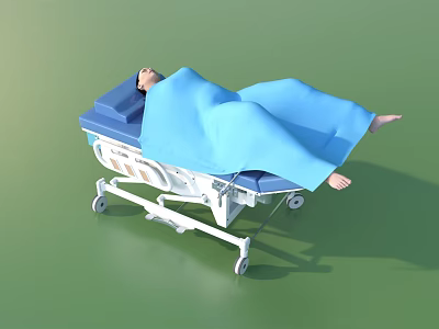 Medical Stretcher Trolley with Patient Lying on Blue Blanket and Movable Wheels 3d model
